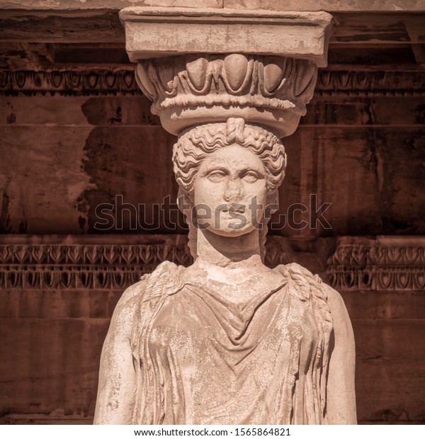 Caryatid statue closeup on original Erechtheion\
ancient temple, Athens\
Greece