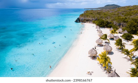 Cas Abao Beach Playa Cas Abao Caribbean island of Curacao, Playa Cas Abao in Curacao a white beach with a blue turqouse colored ocean Drone aerial view