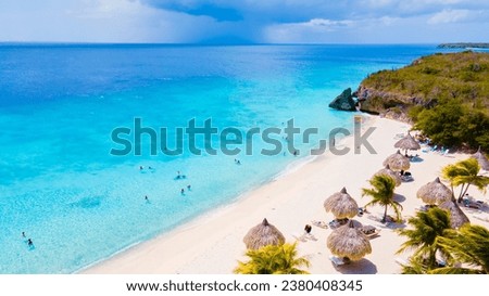 Cas Abao Beach Playa Cas Abao Caribbean island of Curacao, Playa Cas Abao in Curacao Caribbean tropical white beach with a blue turqouse colored ocean. Drone aerial view at the beach on a sunny day