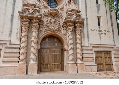 Casa Del Prado Theater Entrance In Spanish Colonial Revival Architecture At Balboa Park - San Diego, California, USA - April 21, 2019