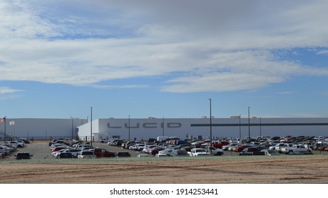 Casa Grande, Arizona, USA - Feb. 10 2021: Tesla Rival Lucid Motors New AMP-1 Advanced Manufacturing Plant, Now In Pre-production Phase Of Manufacturing Their Lucid Air Luxury Electric Sedan