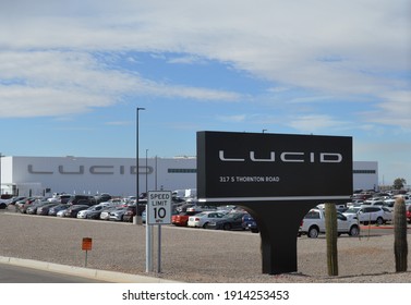 Casa Grande, Arizona, USA - Feb. 10 2021: Tesla rival Lucid Motors new AMP-1 advanced manufacturing plant, now in pre-production phase of manufacturing their Lucid Air luxury electric sedan