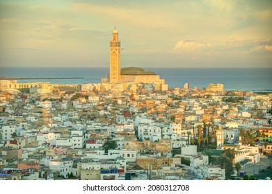 Casablanca Medina And Hassan II Mosque From Above, HDR Image