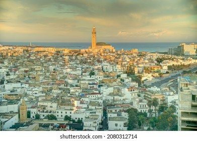 Casablanca Medina And Hassan II Mosque From Above, HDR Image