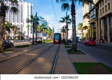 Casablanca, Morocco - 21 January 2018 : view of tram passing on railways in Casablanca