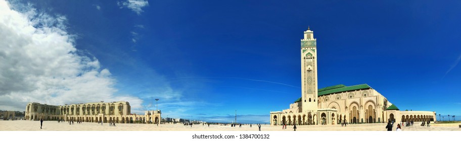 Casablanca, Morocco - April 28, 2019 : panoramic view of hassan 2 mosque in a sunny day