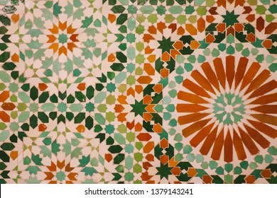 CASABLANCA, MOROCCO - CIRCA MAY 2018: Decorative tiles (zellige) typical of Moorish architecture (zellige) found at the Hassan II Mosque in Casablanca, Morocco.