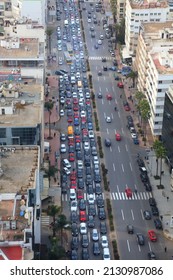 CASABLANCA, MOROCCO - FEBRUARY 22, 2022: Heavy rush hour traffic on Boulevard Mohamed Zerktouni in downtown Casablanca, Morocco. Casablanca is the largest city of Morocco.