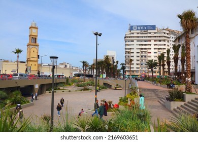 CASABLANCA, MOROCCO - FEBRUARY 22, 2022: People visit United Nations Square (Place des Nations Unies) in downtown Casablanca, Morocco. Casablanca is the largest city of Morocco.
