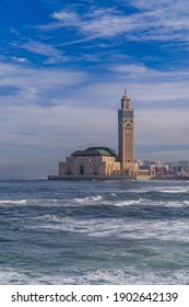 Casablanca, Morocco - January 25, 2021 - vertical view of Hassan II Mosque, the largest mosque in Africa on the Atlantic Ocean