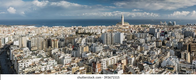 CASABLANCA, MOROCCO - MARCH 20: Casablanca panoramic skyline with the Hassan II Mosque and residential districts in Morocco on March 20, 2016. 