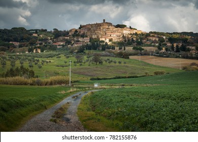 Casale Marittimo, Pisa, Italy - November 23, 2017: Trekking route towards the medieval village in Casale M.mo, in the Province of Pisa, along the beautiful views and hills typical of Tuscany