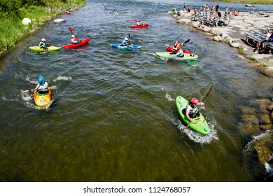 CASCADE, IDAHO/USA - JUNE 21, 2014: Looking down on the players of 8 ball during the Payette River games in Cascade, Idaho
