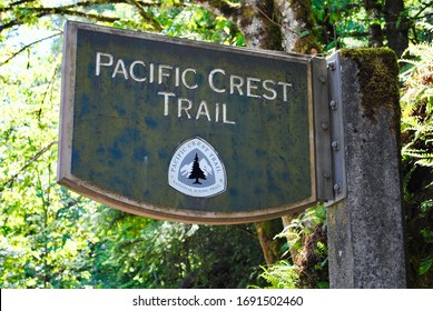 Cascade Lock, Oregon - 2016: Sign for the Pacific Crest Trail (PCT), a National Scenic Trail in the USA from the Mexican to Canadian border.  Near Bridge of the Gods at the Washington Oregon border.