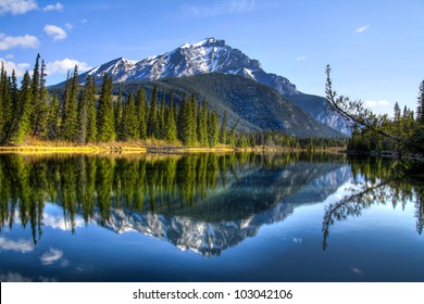 Cascade Mountain as seen from the shore of the Bow River in Banff National Park, Alberta, Canada.