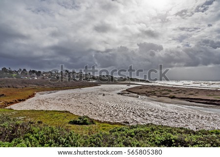 A cascade of winter storms destroyed and flooded Moonstone Beach. as seen from Santa Rosa Creek Park. Located in the seaside village of Cambria, located on the California Central Coast.