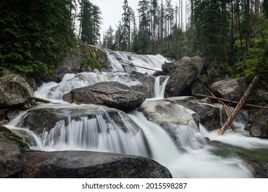 Cascades of beautiful Long waterfall on Cold water creek close to Hrebienok in High Tatras National Park, Slovakia