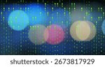 Cascading columns of green binary digits streaming over blurred bokeh circles, digital data theme. Technology, data visualization, futuristic, cyber, digital art, abstract, motion