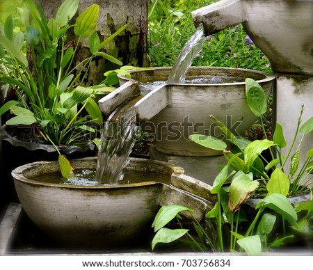 A cascading garden water feature