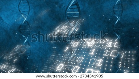 Cascading glowing binary panels at center in lab, reflecting off DNA helices and floating platforms. Dataviz, biotech, genetics, holographic, grid, futuristic, abstract