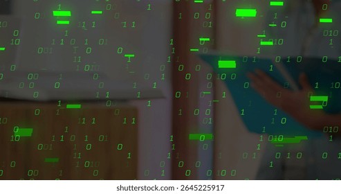 Cascading green binary digits overlaying blurred office shelving, with person holding blue folder. Digital code, technology, modern, innovation, data, futuristic, workspace - Powered by Shutterstock - Get 15% off with code: PIKWIZARD15