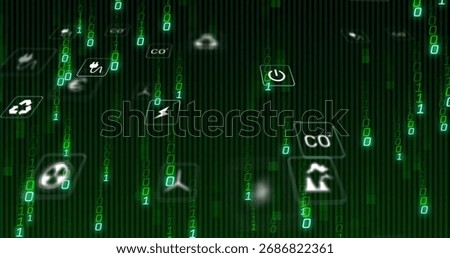 Cascading green binary digits in virtual space, featuring floating recycle and wind turbine icons. Technology, sustainability, digital, eco-friendly, holographic, innovation, futurism