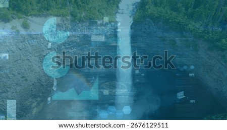 Cascading waterfall flowing down forested canyon, with data panels showing charts and hex icons. Nature, technology, analytics, landscape, grid, innovation, recursion