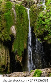 Cascading waterfall flows down moss-covered cliffs in the lush greenery of Beli Izvorac, Serbia
