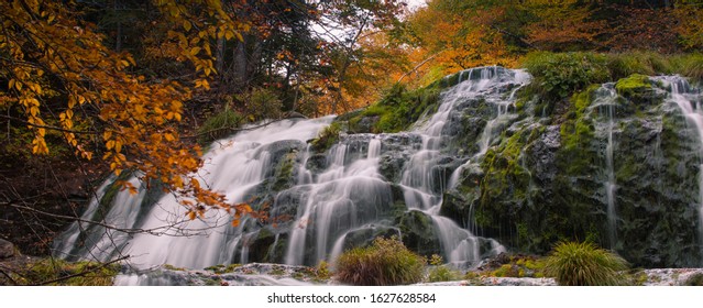 Cascading Waterfalls Stunning Autumn Fall Foliage Stock Photo