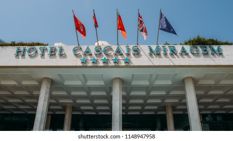 Cascais, Portugal - August 3rd, 2018: Facade of luxury Hotel Cascais Miragem in Cascais, Portugal overlooking the ocean