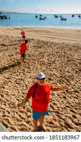 Cascais, Portugal - November 9th, 2020: Group Of People Practising Functional Circuit Training At Ribeiro Beach In Cascais, Portugal On A Sunny Day