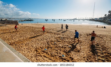 Cascais, Portugal - November 9th, 2020: Group Of People Practising Functional Circuit Training At Ribeiro Beach In Cascais, Portugal On A Sunny Day