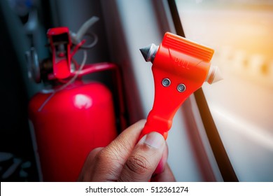 In case of emergency, car, train, monorail and airplane safety red hammers to break the windows