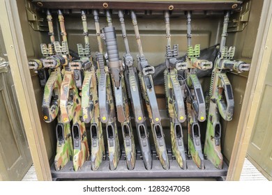 Case Of Guns. The Guns Of The Soldiers Preparing To Transport In Military Training - Image