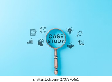 Case study analysis concept. Magnifying glass highlighting the words CASE STUDY with icons of research, goals, planning, teamwork symbolizing strategic insights and academic or business learning