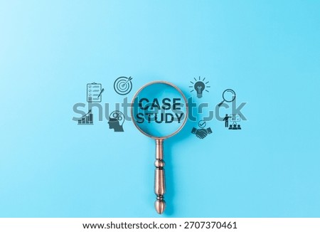 Case study analysis concept. Magnifying glass highlighting the words CASE STUDY with icons of research, goals, planning, teamwork symbolizing strategic insights and academic or business learning