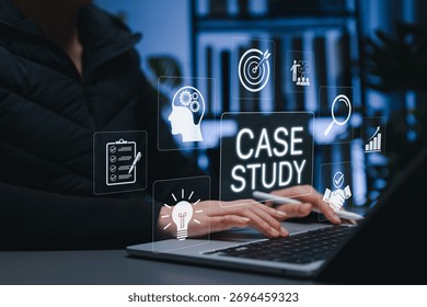 Case study analysis concept. Person using laptop with icons of checklist, ideas, strategy, and data, symbolizing research, business insight, learning from experience, and practical problem-solving.