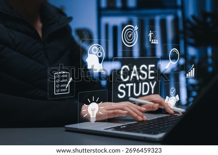 Case study analysis concept. Person using laptop with icons of checklist, ideas, strategy, and data, symbolizing research, business insight, learning from experience, and practical problem-solving.