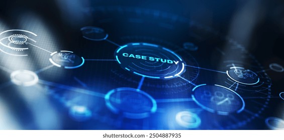 Case study button on virtual screens. Education Analysis concept.