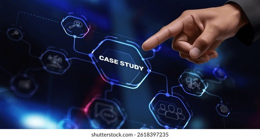 Case study button on virtual screens. Education Analysis concept.