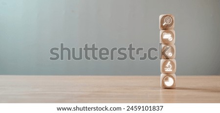Case study concept, Wooden block on desk with case study icon on virtual screen.