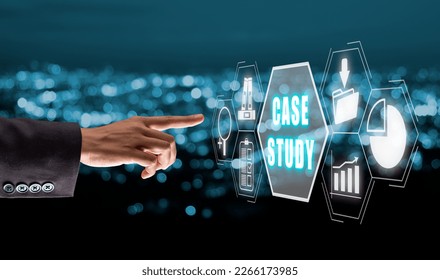 Case Study Education concept, Business hand touching case study icon on virtual with blue bokeh background, Analysis of the situation to find a solution.