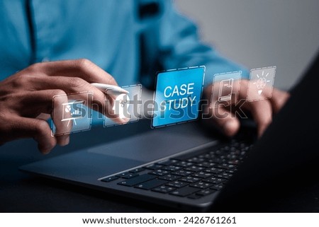 Case study education concept. Businessman use laptop with virtual case study icon for analysis of the situation to find a solution.
