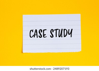 Case study message written on ripped white paper piece with yellow background. Conceptual case study symbol. Copy space.