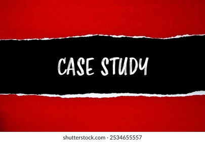 Case study message written on ripped torn red paper with black background. Conceptual case study symbol. Copy space.