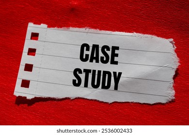Case study message written on ripped torn paper piece with red background. Conceptual case study symbol. Copy space.