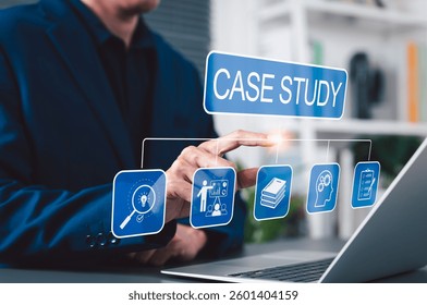 Case Study and Research Analysis Concept. Businessman interact with case study interface on laptop, featuring research, education, analysis icons, symbol learning, problem-solving, strategic planning,