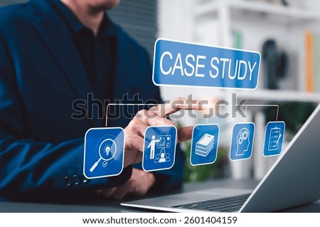 Case Study and Research Analysis Concept. Businessman interact with case study interface on laptop, featuring research, education, analysis icons, symbol learning, problem-solving, strategic planning,
