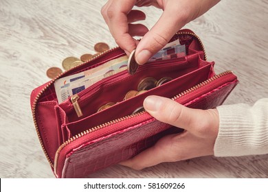 Cash Counting. Money In The Red Wallet. Euro Coins.