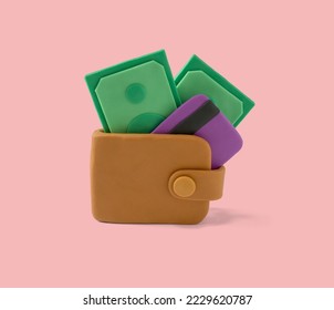 Cash and credit payment icon concept made with plasticine. Wallet with credit card and money. Online payment and money saving concept handmade with plasticine - Shutterstock ID 2229620787